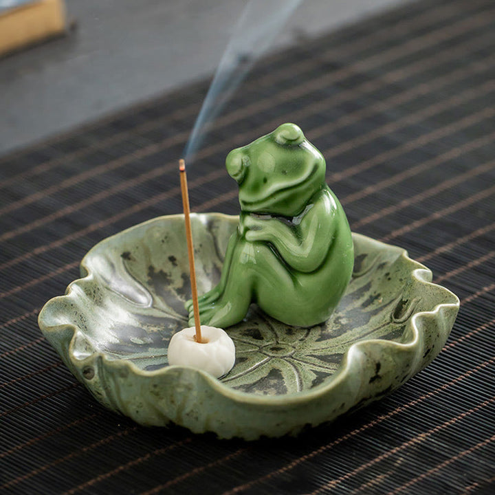 Quemador de incienso de cerámica curativo con patrón de rana para meditación de hojas de Buddha Stones, decoración