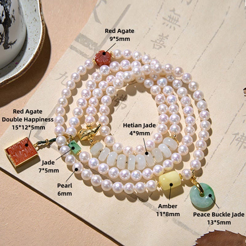 Buddha Stones, Plata de Ley 925, Perla, Jade Hetian, ágata roja, doble felicidad, ámbar, suerte, pulsera cuádruple