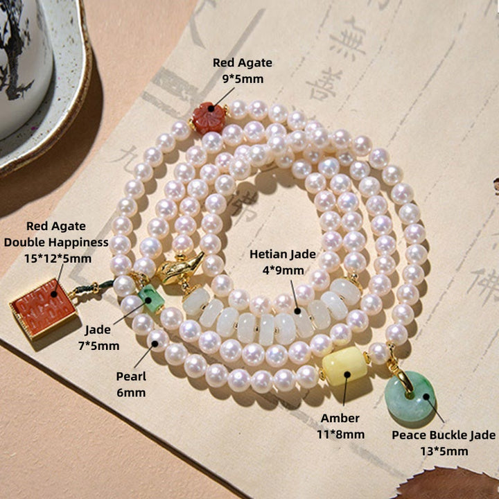 Buddha Stones, Plata de Ley 925, Perla, Jade Hetian, ágata roja, doble felicidad, ámbar, suerte, pulsera cuádruple