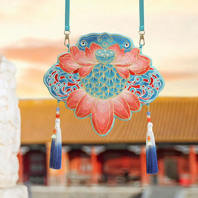 Buddha Stones suerte bordado loto Koi pez conejo flor Hanfu bolso bandolera bolso de hombro - Pez Koi Loto - image 32