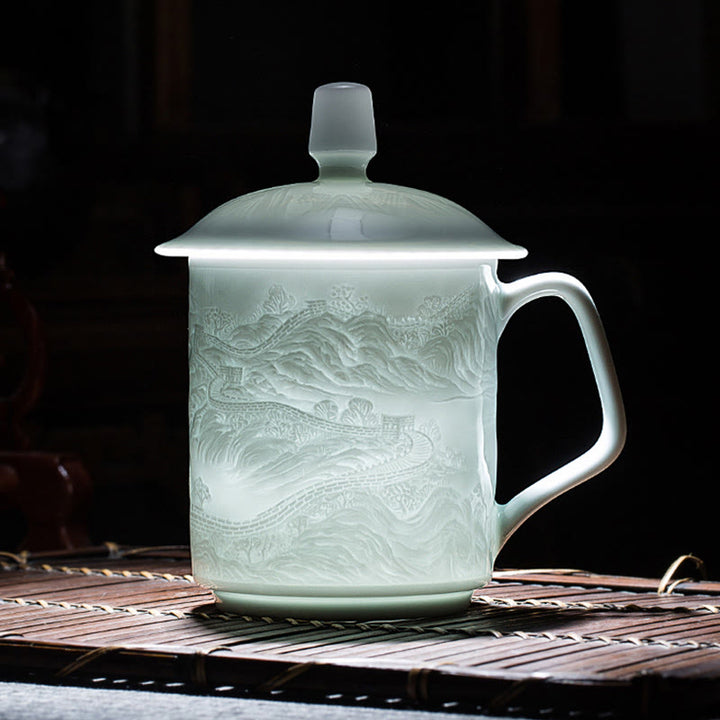 Buddha Stones Jingdezhen, porcelana blanca hecha a mano, gran pared, paisaje, taza de té de cerámica grabada, taza de oficina, tazas de té