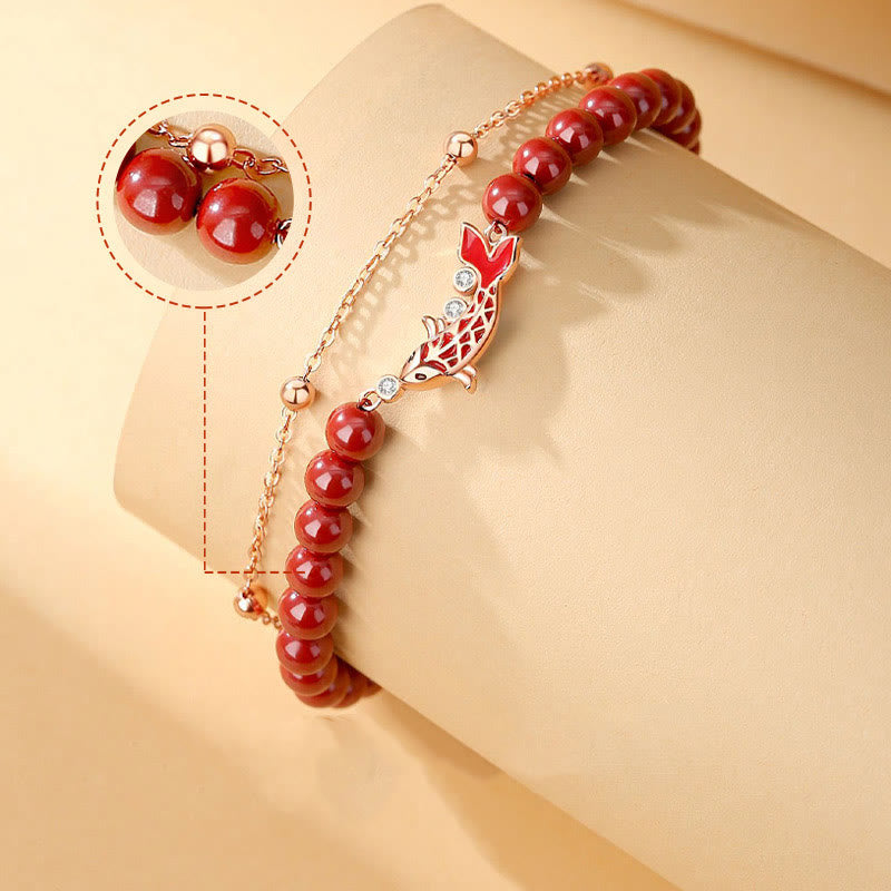 Pulsera de cadena de doble capa con Buddha Stones, Plata de Ley 925, pez Koi de la suerte, circón cinabrio, prosperidad