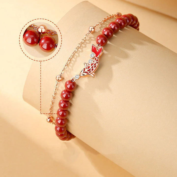 Pulsera de cadena de doble capa con Buddha Stones, Plata de Ley 925, pez Koi de la suerte, circón cinabrio, prosperidad