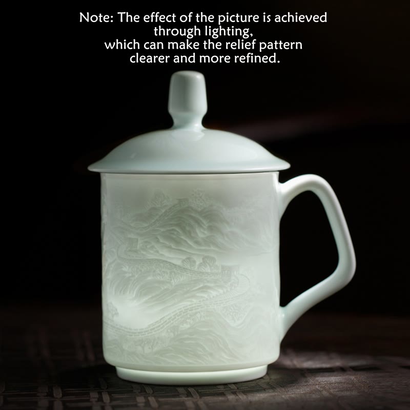Buddha Stones Jingdezhen, porcelana blanca hecha a mano, gran pared, paisaje, taza de té de cerámica grabada, taza de oficina, tazas de té