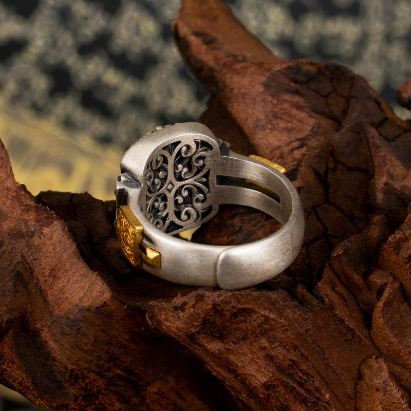 Anillo de protección de cuentas Dzi con diseño de diosa de la riqueza Zakiram de plata de ley 925 con Buddha Stones