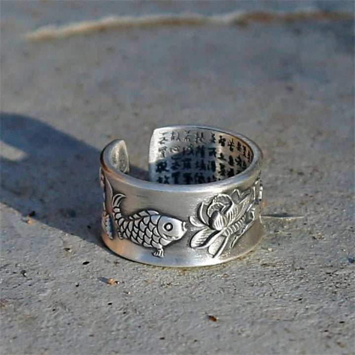 Anillo de plata de ley 999 con diseño de corazón de loto y pez koi de la suerte