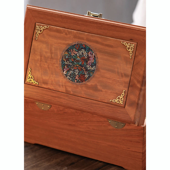 Caja de almacenamiento de joyería de palisandro hecha a mano antigua, caja organizadora de regalo de madera con flores de doble capa grande con cerradura