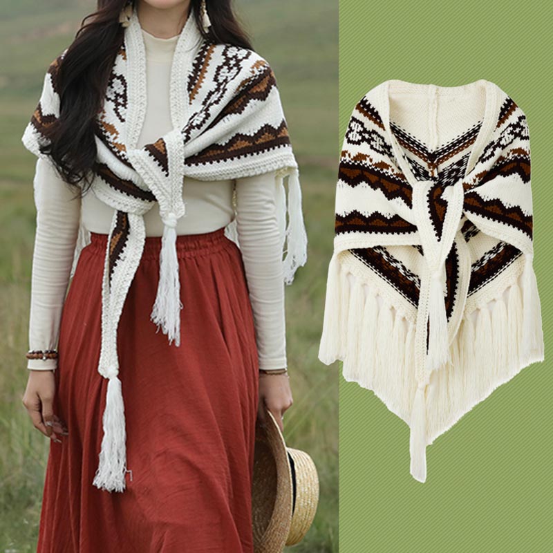 Mantón triangular tibetano con Buddha Stones, borlas a rayas, bufanda de viaje acogedora para invierno