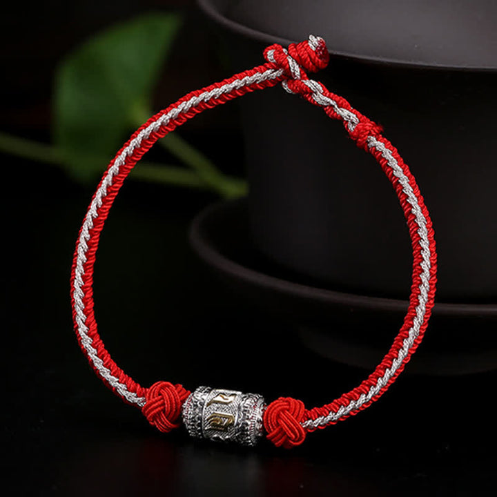 Pulsera de hilo rojo de plata de ley 925 con Buddha Stones Om Mani Padme Hum, rueda de oración, fuerza de la suerte