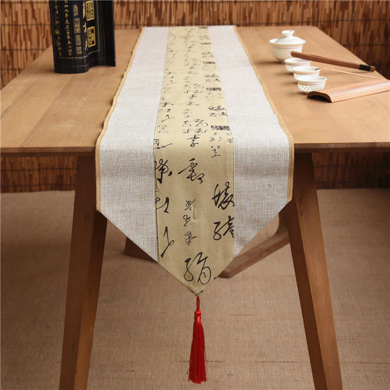 Camino de mesa con borlas de lino y algodón, Buddha Stones, estilo chino clásico, loto, pez Koi, flor, grulla, caligrafía, iluminación