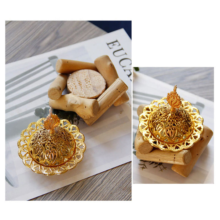 Mini quemador de incienso curativo de aleación de oro con decoración del hogar de posavasos de madera