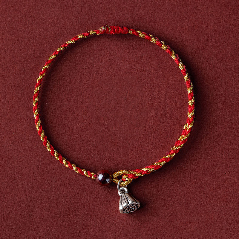Pulsera trenzada con dije de paz y alegría de loto de cuerda de oro rojo hecha a mano con Buddha Stones
