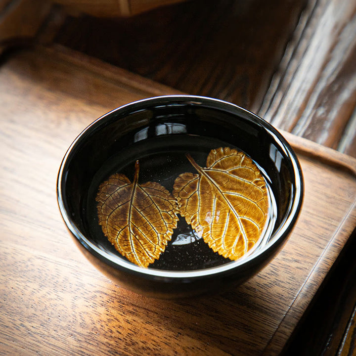 Buddha Stones, hoja de arce dorada, taza de té de cerámica china Jianzhan, tazón de taza de té Tenmoku Kung Fu