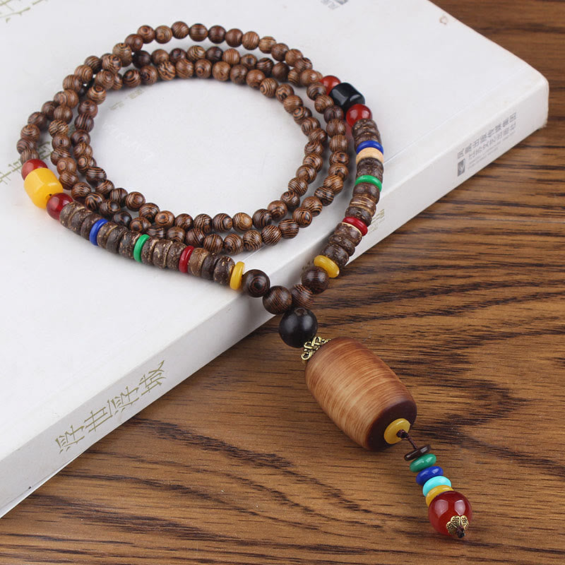 Buddha Stones, colgante de collar de paz de equilibrio de ágata de semilla Bodhi de madera de wengué tibetano