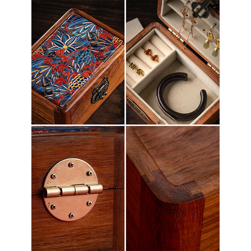 Caja de almacenamiento de joyería de palisandro con estampado floral hecha a mano retro, caja organizadora de regalo de madera con cerradura