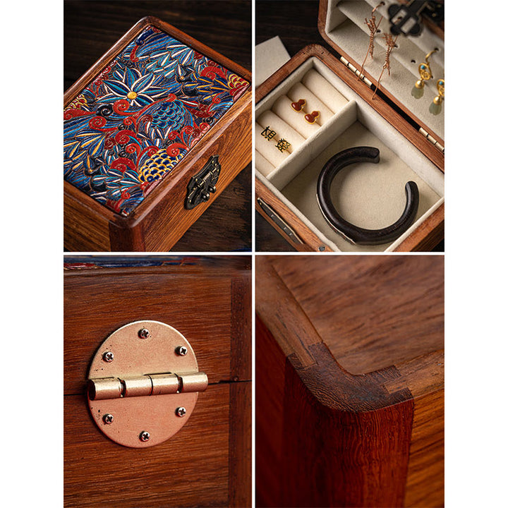 Caja de almacenamiento de joyería de palisandro con estampado floral hecha a mano retro, caja organizadora de regalo de madera con cerradura