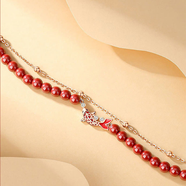 Pulsera de cadena de doble capa con Buddha Stones, Plata de Ley 925, pez Koi de la suerte, circón cinabrio, prosperidad