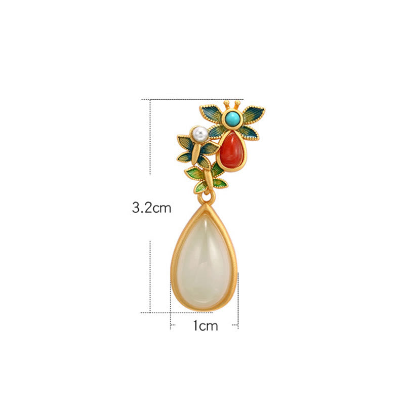 Pendientes colgantes con forma de gota de agua , Buddha Stones , Jade blanco, ágata roja, mariposa