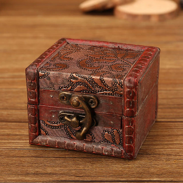 Caja de joyería de madera cuadrada pequeña Retro con Buddha Stones , flor de loto, uva, cobre, moneda, narciso, caja de almacenamiento de joyería
