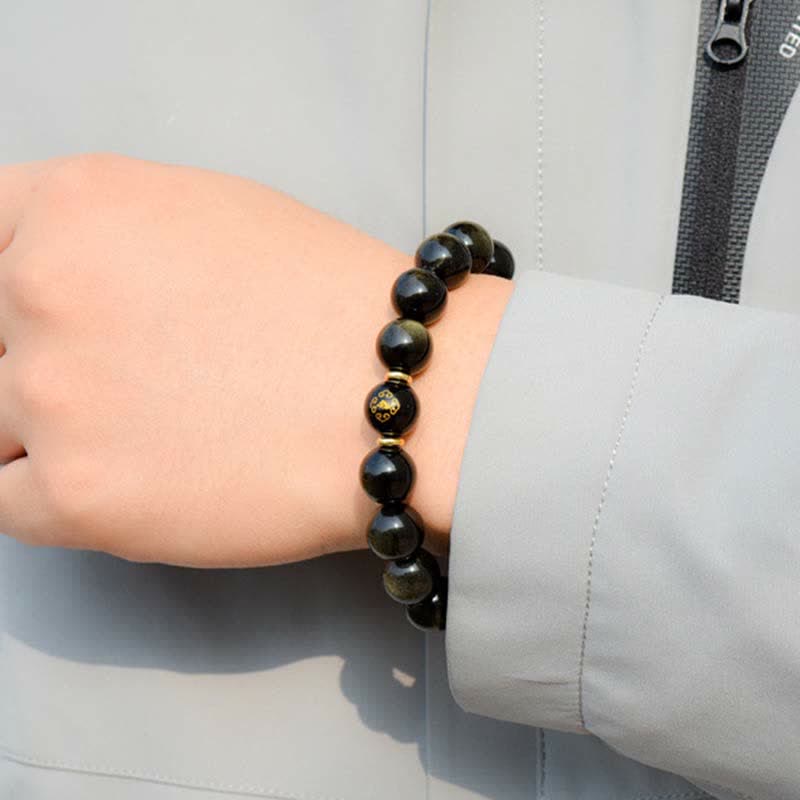 Pulsera de protección de la riqueza de obsidiana con brillo dorado del Buda Natal del zodíaco chino