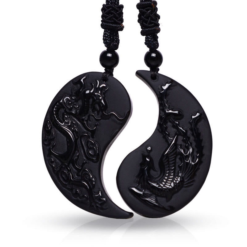 Buddha Stones Obsidiana Negra Yin Yang Dragón Fénix Suerte Collar Colgante - image 1