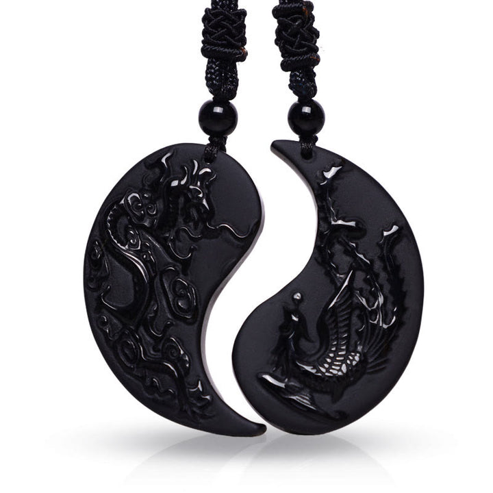 Buddha Stones Obsidiana Negra Yin Yang Dragón Fénix Suerte Collar Colgante - image 1