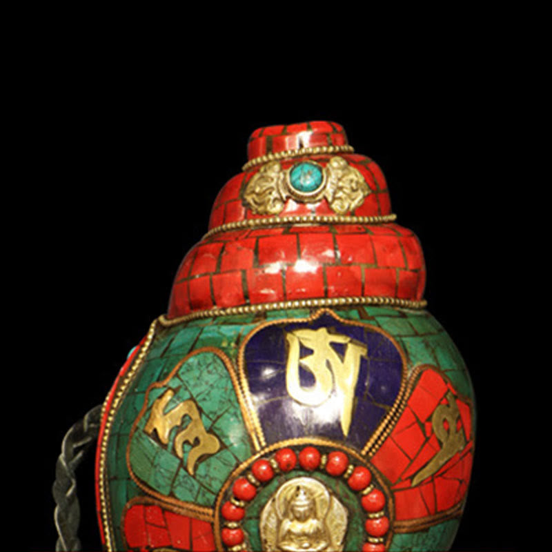 Concha tibetana hecha a mano Shankha Om Mani Padme Hum Buda, decoración de la suerte