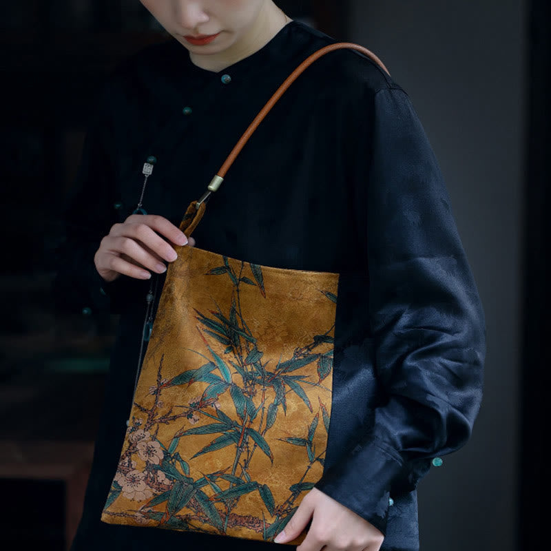 Bolso de hombro con Buddha Stones, hojas de bambú, flor, mariposa, caqui