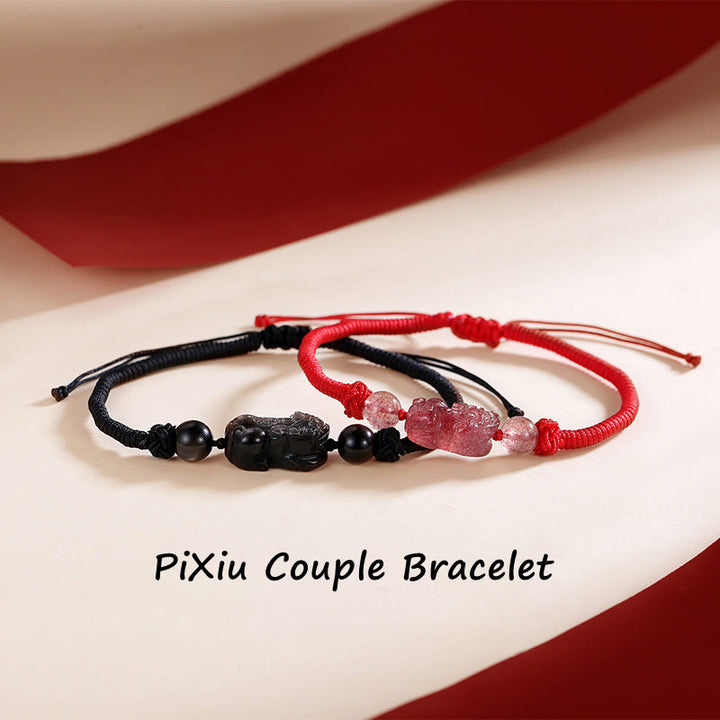 Pulsera trenzada de protección PiXiu de cuarzo fresa obsidiana con brillo de plata Natural hecha a mano con Buddha Stones