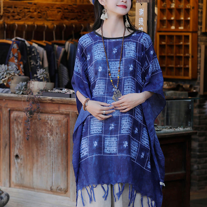 Jersey suave con borlas y chal a cuadros con bloques de Color azul de Buddha Stones 90*95cm