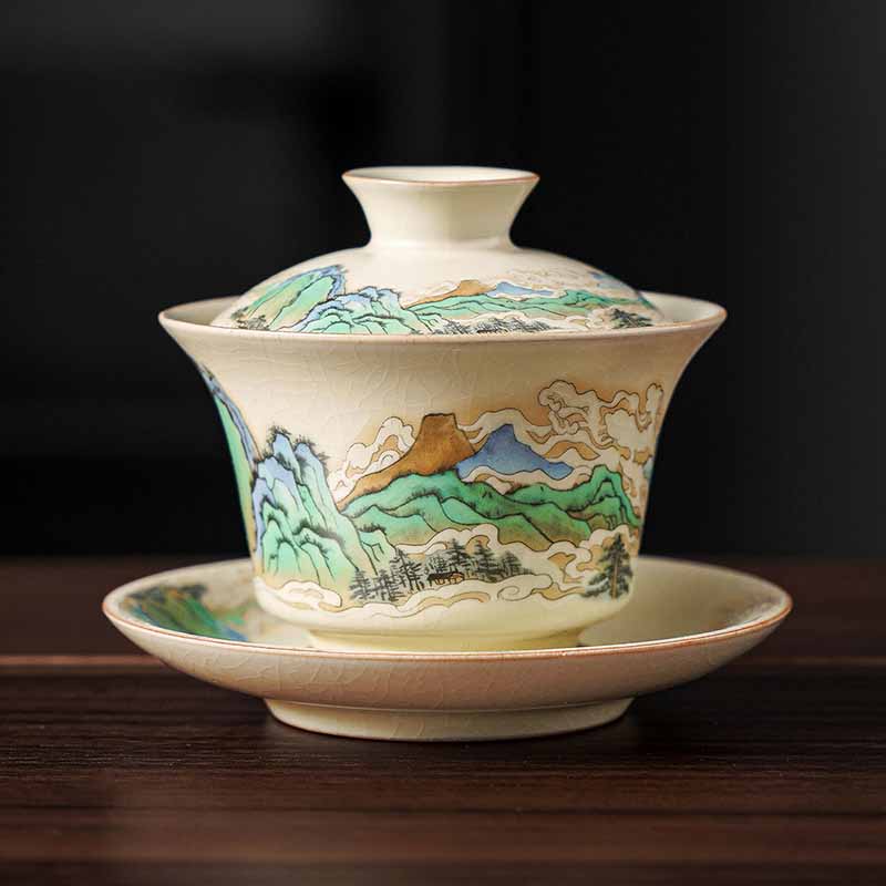 Buddha Stones, un panorama de ríos y montañas, flores, taza de té de cerámica Gaiwan Sancai, taza de té de Kung Fu y platillo con tapa