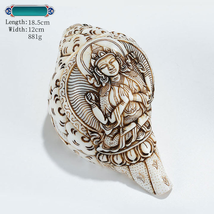 Concha tibetana hecha a mano grabada Shankha Buddha Avalokitesvara, decoración de riqueza - Avalokitesvara de cuatro brazos 18,5 x 12 cm - image 29