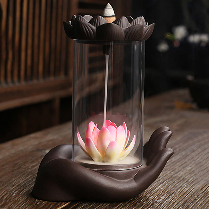 Buddha Stones, mano de Buda, iluminación de loto, luz LED, decoración de quemador de incienso de cerámica de arcilla púrpura