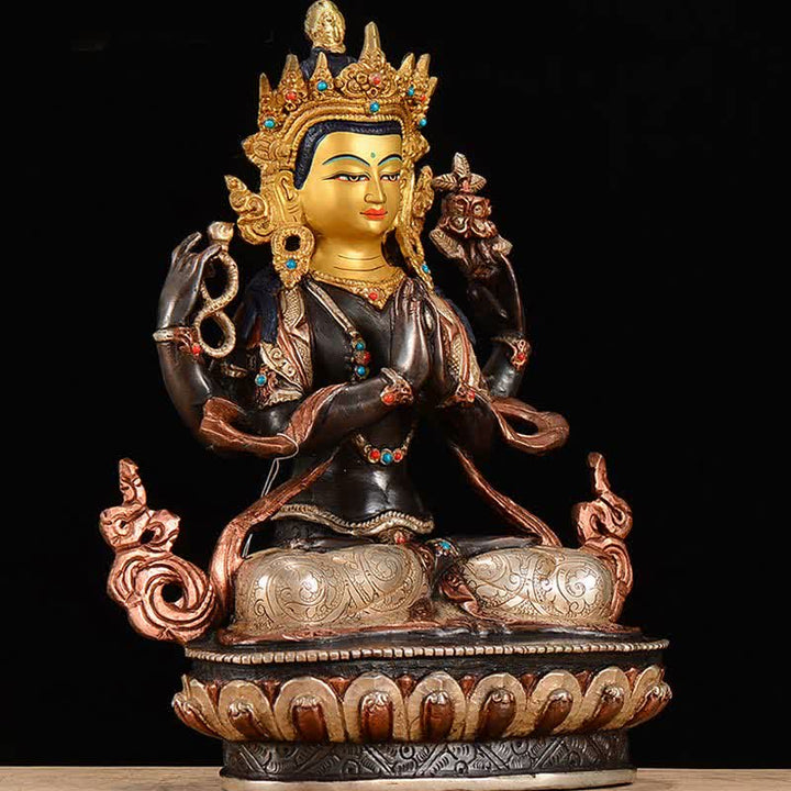 Decoración de estatua de cobre de protección Avalokitesvara de cuatro brazos Bodhisattva Chenrezig