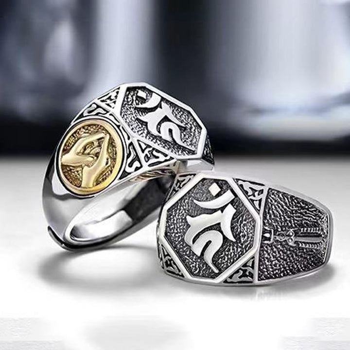 Anillo ajustable de protección tallada con diseño sánscrito de plata de ley 925 con Buddha Stones