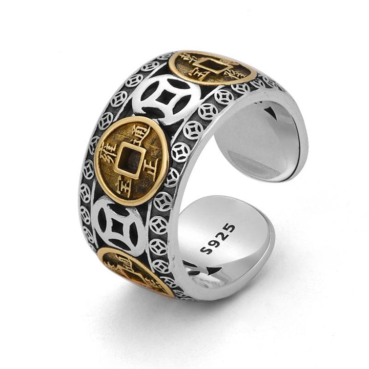 Anillo ajustable con equilibrio de monedas de cinco emperadores y Buddha Stones
