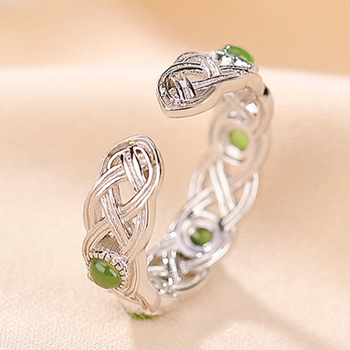 Anillo ajustable con diseño trenzado de jade cian y oro chapado en plata de ley 925 con Buddha Stones