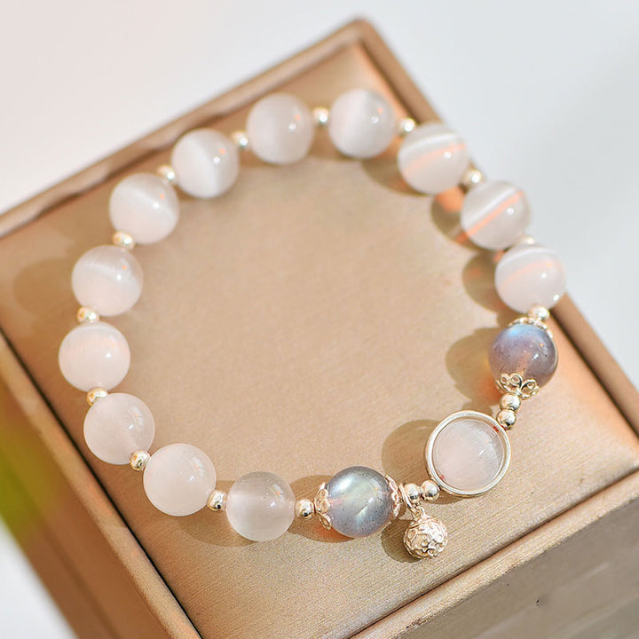 Pulsera de apoyo de amor con piedra lunar y ojo de gato de plata de ley 925 de Buddha Stones