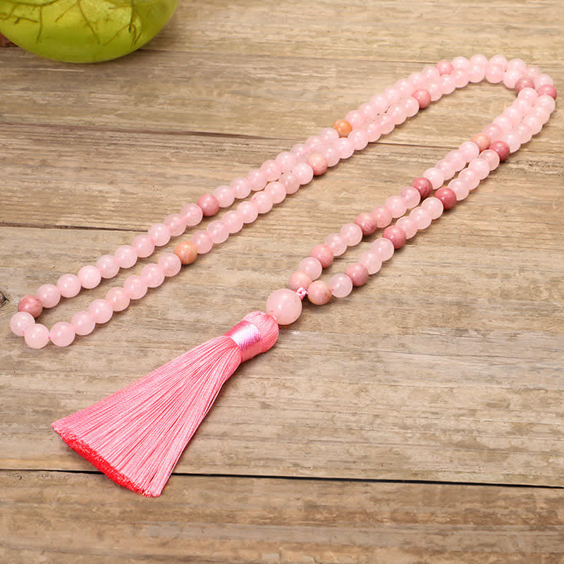 Pulsera con borlas de amor de cristal rosa de 108 cuentas Mala