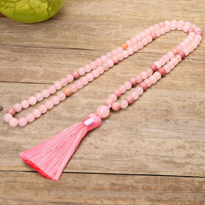 Pulsera con borlas de amor de cristal rosa de 108 cuentas Mala