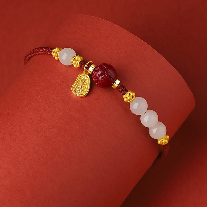 Pulsera de cuerda de la suerte de loto con cinabrio de jade blanco hetiano chapado en oro de 24 Buddha Stones