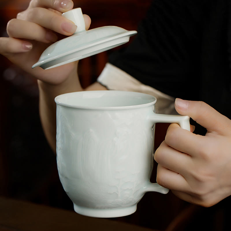 Buddha Stones Jingdezhen, porcelana blanca hecha a mano, gran pared, paisaje, taza de té de cerámica grabada, taza de oficina, tazas de té