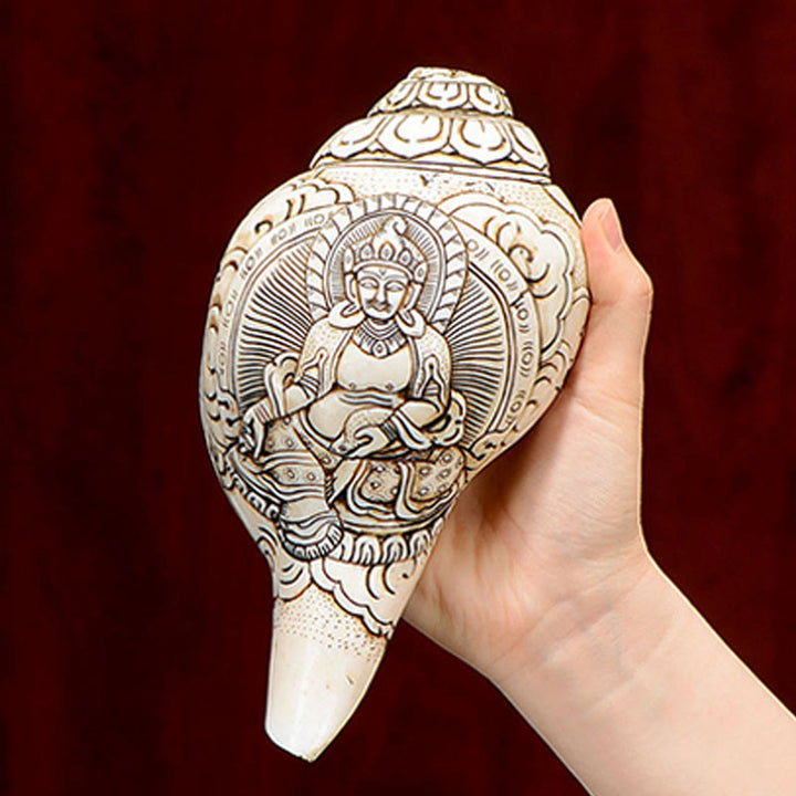 Concha tibetana hecha a mano grabada Shankha Buddha Avalokitesvara, decoración de riqueza