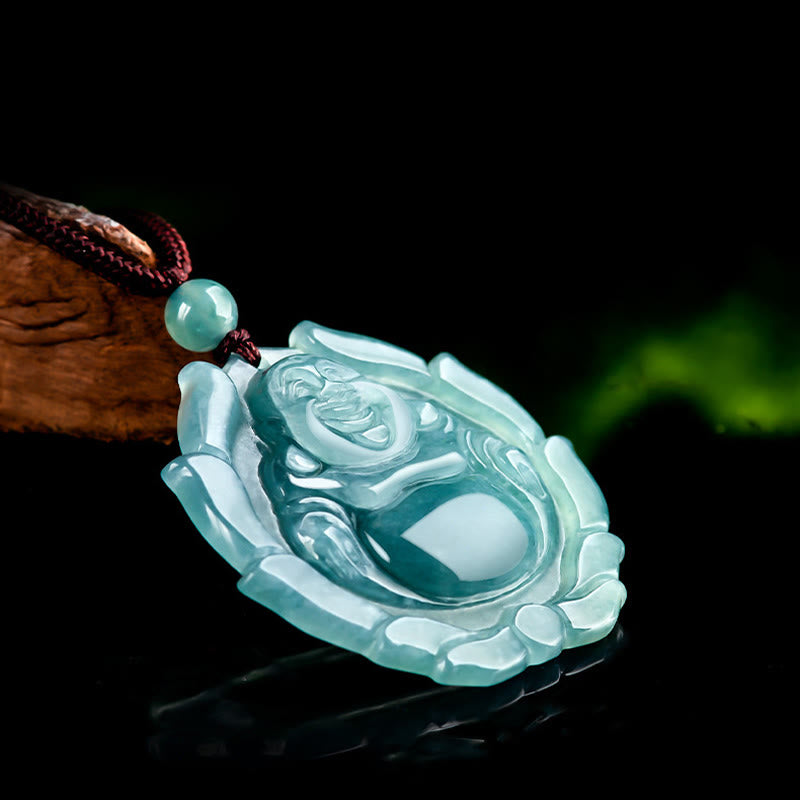 Colgante de collar de la suerte con diseño de loto de Buda sonriente de jade natural con Buddha Stones - image 5
