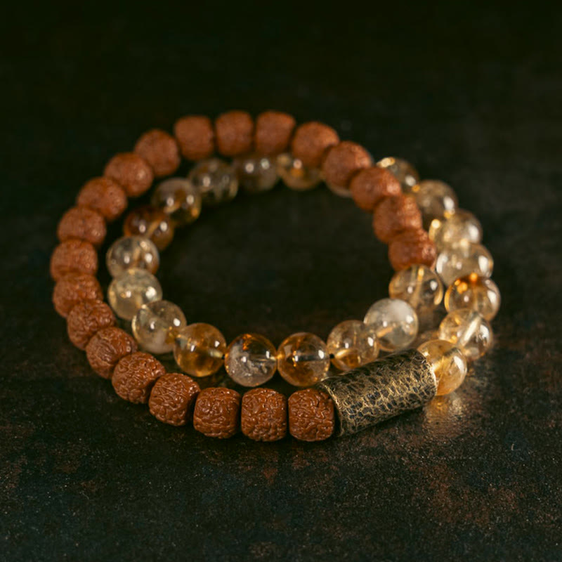 Buddha Stones, cristal de citrino Natural, Rudraksha, semilla de Bodhi, cuentas de latón, pulsera de doble envoltura para prosperidad