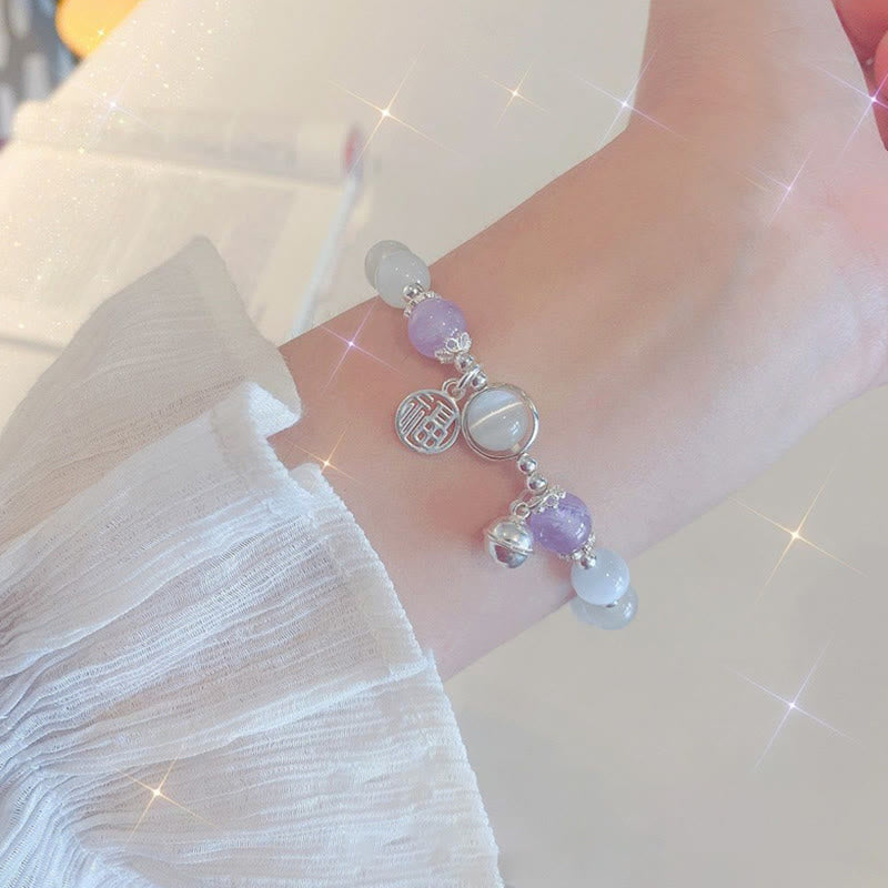 Pulsera de soporte con dije de campana con personaje Fu de amatista y ojo de gato con Buddha Stones
