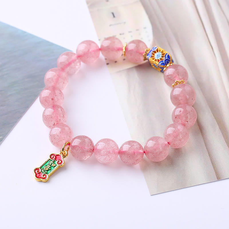 Pulsera con dijes Ruyi positivos de cuarzo fresa y Buddha Stones