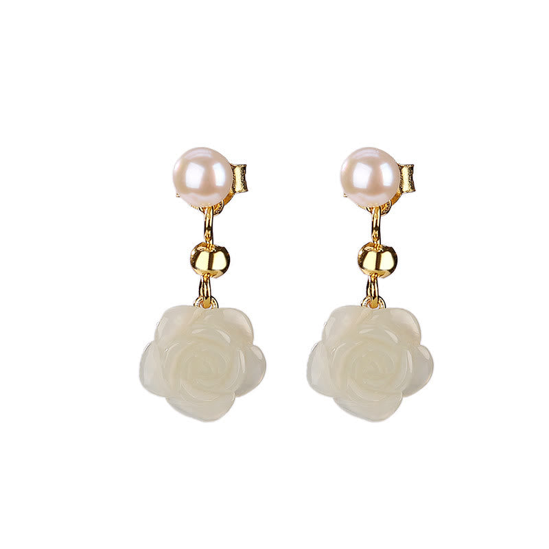 Pendientes de la suerte con perlas de jade cian y flor de rosa de jade chapado en plata de ley 925 con Buddha Stones - image 8
