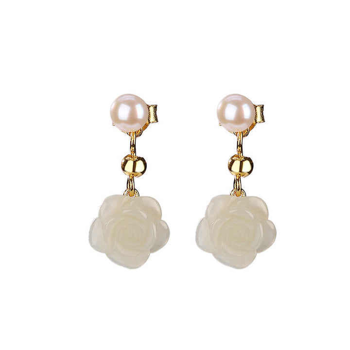 Pendientes de la suerte con perlas de jade cian y flor de rosa de jade chapado en plata de ley 925 con Buddha Stones - image 8
