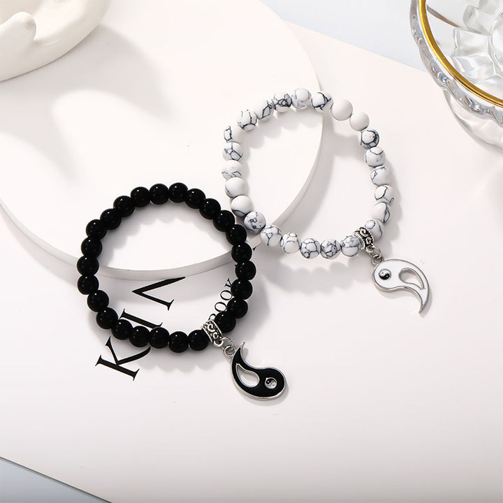Buddha Stones 2 uds. Pulsera de pareja de protección Yin Yang con cuentas de turquesa blanca y ónix negro - Blanco y negro Ónix negro y turquesa blanco - image 15